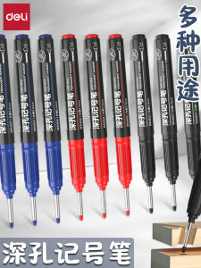 Deli Long Head Marker Pen Oil-Based for Woodworking Special Use on Tiles Construction Site Long Mouth Black Deep Hole Marking Pen Waterproof Red Non-Fading