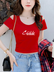 Áo Thun Nữ Tay Ngắn Hở Vai Màu Đỏ Mùa Hè 2022 Cổ Tròn in Chữ Cotton 95% Co Giãn Thường Ngày Thời Trang Công Sở