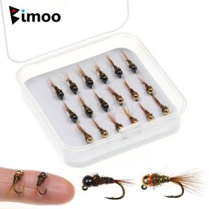 Bimoo 18PCS/Box Barbed Tungsten Bead Head Jig Nymph Fly Pheasant Tail Fast Sinking Wet Euro Nymph Fly Trout Bass Fishing Lures