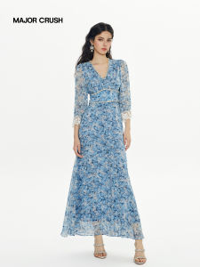 Blue French Beach Vacation Style Lace Cuff Dress