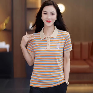 High Quality Stripe Short Sleeve Polo Shirt Women Summer New Loose Anti-Aging Fashionable Korean Style Straight Cut Polyester Fiber