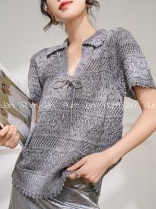 PlumJan | Áo Blouse Mỏng Hè Tay Ngắn Ren Thêu Dệt Cổ Xám Phong Cách Pháp Cổ Điển