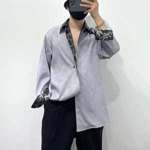 New Chinese Style Mens Shirt Satin Fabric Embroidered Collar Trendy Retro Dark Button Floral Print Casual Spring Fashion