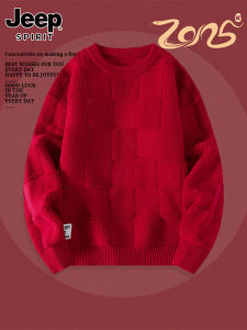Jeep Spirit Mens Knitted Sweater 2023 Winter Thickened Fleece Red round Neck Long Sleeve Casual Loose Fit Year of Horse