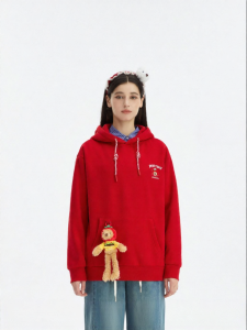 Hooded Warm Tomato Bear Design Sweatshirt