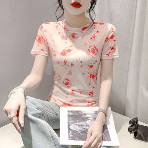 REHIN Summer New Fashion Tie-Dye Floral Mesh Printed Short Sleeve Round Neck Slim-Fit Chic Womens Top