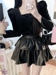 High Waist A-Line Mini Skirt Womens Ballet Style Double Layer Fluffy PU Short Skirt Slimming Korean Style Commute Fashion