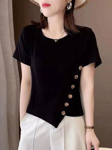 Shalldoer | Casual Style Asymmetric Short Sleeve T-Shirt Womens Summer Thin Versatile Top Fashion Design Button Detail Regular Length