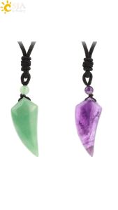 Natural Stone Wolf Tooth Pendant Necklace for Man Black Obsidian Amethyst Tiger Eye Clear Crystal Pendants Jewelry Women H247