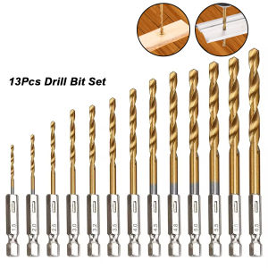 13pcs 1.5mm-6.5mm Twist Drill Bit SetTitanium Coated High Speed Steel Hex Shank Drill Bits for Metal WoodHole Opener Tools Kit