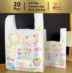 Gift Bag 20pcs Goodies Bag Door Gift Birthday Wedding Party (79) Creative Doodle Milk White Background Snack Door Gift Plastic Beg Vest Bag 礼物袋礼品袋购物袋