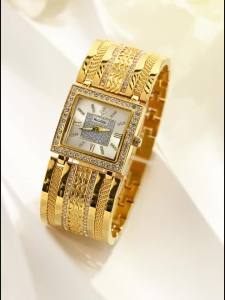 YaLaLuSi Vintage-Style Small Square Diamond-Set Ladies’ Watch with an Embossed Metal Strap – an Exquisite Gift