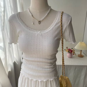 Sweet Style Lace Hollow out Butterfly Knot Short Sleeve Womens T-Shirt Slim Fit Inner Wear Summer Cotton Polyester Blend