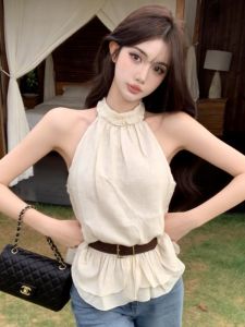GUZILIAN | Sleeveless Top Slim Elegant Halter Neck Ruffled Waist