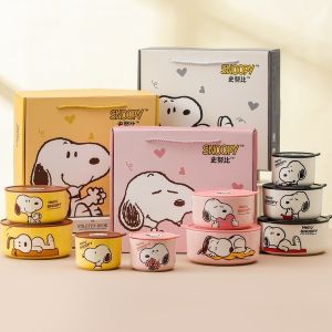 Snoopy Genuine Goods Freshness Bowl Gift Three-Piece Set Sealed with Lid Office Worker Ceramic Cartoon Cute High-End Gift Box