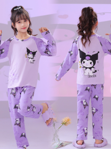 Kuromi Pure Cotton Sleepwear Overhead Home Clothes Set for Girls Spring Autumn Three Liou Cartoon Cute Style Long Sleeve round Neck