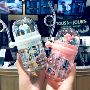 🥤260ml วัสดุ PP แก้วดูดดน้ำเด็ก ขวดน้ำเด็กพร้อมหลอดดูดน้ำพุ ลายปลาวาฬน้อยน่ารัก ความจุสูง BPA free