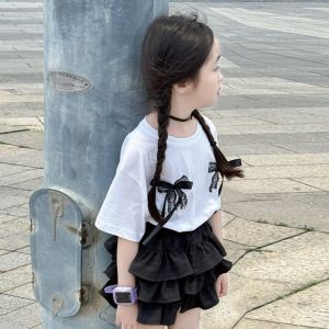 Girls Casual Short Sleeve Skirt Set Two Pieces Outfit Childrens Summer Fashionable Korean Style Leisure Dressing Butterfly Knot