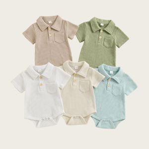 0-1Y Infant Bodysuit for Newborn Waffle Front Pockect Polo Tops Kids Jumpsuits Daily Baby Boys Clothes 100 Days Birthday Gift
