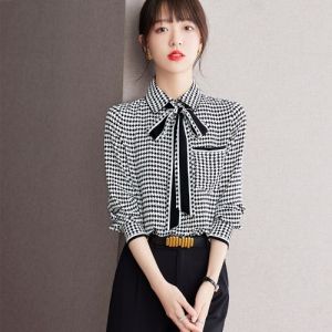 เสื้อเชิ้ตผ้าชีฟองลายสก็อตแฟชั่นฤดูใบไม้ผลิและฤดูใบไม้ร่วงสำหรับผู้หญิง แขนยาว สไตล์ยุโรป คอลเลกชันไฮเอนด์