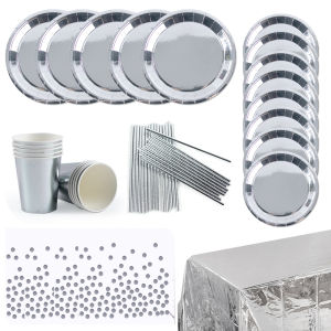 Silver Paper Plates cup Tablecloth Birthday Party Decoration Disposable Tableware Baby Shower Wedding Bachelor Party Supplies
