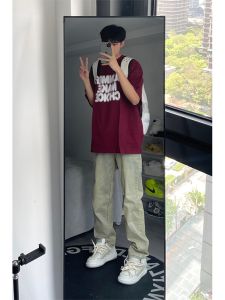 กางเกงยีนส์ทรงหลวมสไตล์อเมริกันย้อนยุคสำหรับผู้ชาย กางเกงขายาวทรงหลวมสไตล์สตรีท ทรงหลวม ทรงหลวม ทรงหลวม