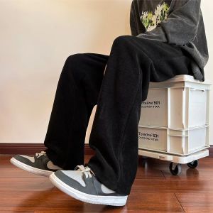 Corduroy Wide Leg Pants Mens Loose Straight Cut Trousers Autumn Winter Fleece Lined Drapey Casual Long Trousers Trendy Brand