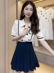Elegant Goddess Style Womens Summer Professional Chiffon Shirt High Waist Pleated Mini Skirt Fashionable Two-Piece Set