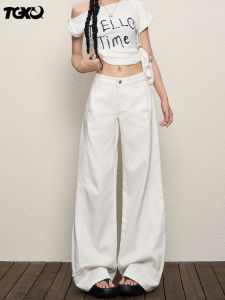 American Style High Waist Wide Leg Pants Womens Jeans Deconstructed Splicing Design Vintage Loose Fit White Denim Trousers