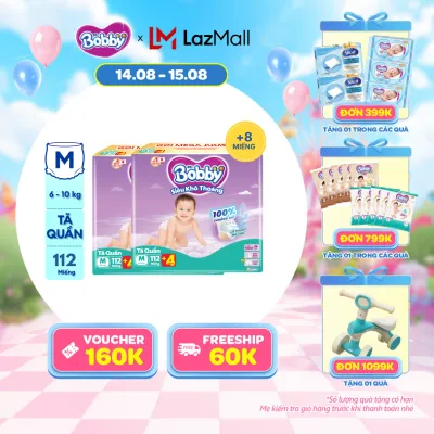 [15-20.09 QUÀ TO][TẶNG MIẾNG NGẪU NHIÊN] Combo 2 Tã/bỉm quần Bobby 3mm Mega Jumbo Siêu khô thoáng M112