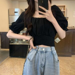 Áo Sơ Mi Nữ Tay Bồng Hở Lưng Thoải Mái Mùa Hè 2024 Áo Ngắn Cổ Tròn Tay Dài Dáng Ôm Phong Cách Hàn Quốc