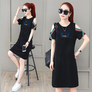 Áo Thun Cotton Tay Ngắn Mùa Hè Mới Rộng Rãi Che Phủ Thời Trang Phong Cách Hàn Quốc in Họa Tiết Váy Hở Vai Cho Nữ