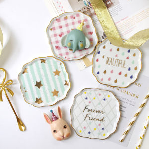 Pink Checkered Mini Ceramic Dessert Plate Creative Gold Rimmed Cute Ins Style Snack Plate Nordic Style Handmade Porcelain