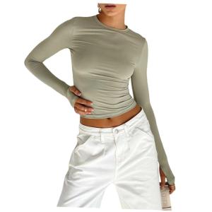 เสื้อยืดคอกลมแขนยาวทรงสลิมฟิตสำหรับผู้หญิง เสื้อยืดแฟชั่น ทรงสลิมฟิต ทรงเข้ารูป สีสันสดใส 100% ผ้าฝ้ายผสมโพลีเอสเตอร์