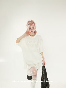 American Style Loose Fit Pearl Embellished round Neck Short Sleeve T-Shirt Womens Summer Casual Cotton Top Trendy