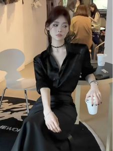 เสื้อเชิ้ตแขนยาวสไตล์ฝรั่งเศสย้อนยุค Wall Street Girl ดีไซน์เรียบง่ายหรูหรา แฟชั่นฤดูร้อนใหม่ เสื้อเชิ้ตคอโปโลสีพื้น