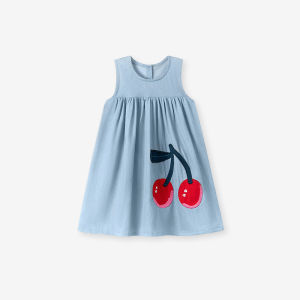 Summer 2-7Y Childrens Dress Exquisite Cherry Embroidery Denim Skirt Wooden Buttons Dress for Girls Sleeveless Dress