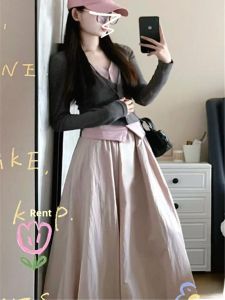 Sweet Gentle Wind Short Knitted Top And Skirt Set Womens Autumn Style A-Line Dress Pure Color Long Sleeve V-Neck Two-Piece Suit