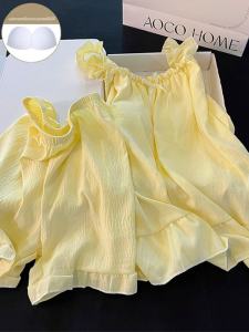 กุทัณฑ์สีเหลือง ผ้าฝ้าย ชุดนอน ผู้หญิง สไตล์ ฤดูร้อน ชุดอยู่บ้าน เซ็กซี่ หวาน บริการบ้านขนาดเล็กพร้อมแผ่นรองหน้าอก