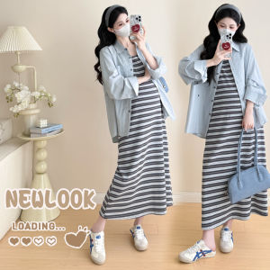 Maternity Adjustable Knit Striped Vest Dress and Shirt Two-Piece Set