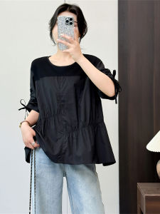 Summer Womens Cotton Short Sleeve Shirt A-Line Loose Casual Sweet Drawstring Top round Neck Pullover Pure Color Fashion