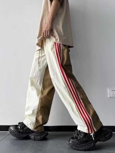 Mens Summer Thin Quick Dry American Design Stripe Loose Casual Sports Pants Straight Leg Casual Loose Fit Teen Fashion