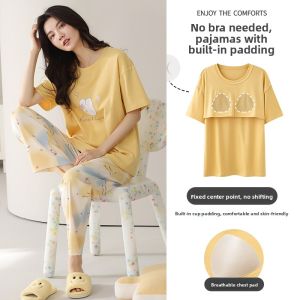 Miiow | Pure Cotton Summer Sleepwear Womens Thin Short Sleeve Home Clothes With Chest Pad Can Be Worn Outside Long Pants