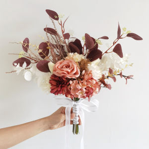 Voi Hoa Hồng Giả Màu Đỏ Cam Trang Trí Đám Cưới Hoa Tươi Nhân Tạo Cầm Tay Chụp Ảnh Cho Cô Dâu