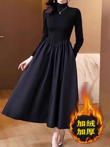 Elegant Black Fleece Lined Thickened Half High Collar Long Dress Womens Base Layer Autumn Winter New Style A-Line Gown
