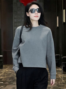 YUFUQING | Grey Long Sleeve Hoodie Womens Spring New Loose Fashion Short Round Neck Shoulder Drop Shirt Polyester Fiber 100% Regular Sleeve