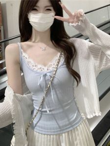 Áo Ba Lỗ Ren Pure Desire Dành Cho Nữ Mùa Hè Áo Khoác Ngoài Áo Ngắn Ôm Vừa Vặn Áo Khoác Ngoài Áo Ba Lỗ Màu Xanh Lam Áo Ba Lỗ Hở Lưng