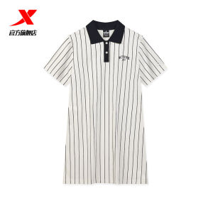 XTEP Womens Knitted Sportswear Short Sleeve Polo Collar Dress Slimming Striped Fashionable Breathable Cotton Casual Dress