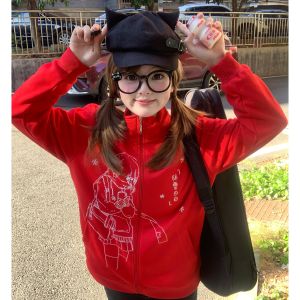 Original Christmas Red Hooded Jacket Zipper Closure Fleece Collar Initial Snow Day Cartoon Pattern Womens Mid-Length Sweatshirt