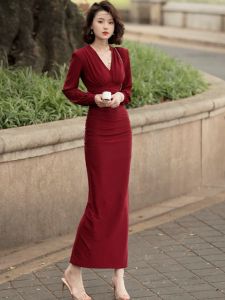 SHANGSHA | Elegant Summer Red V-Neck Cinched Waist Long Dress